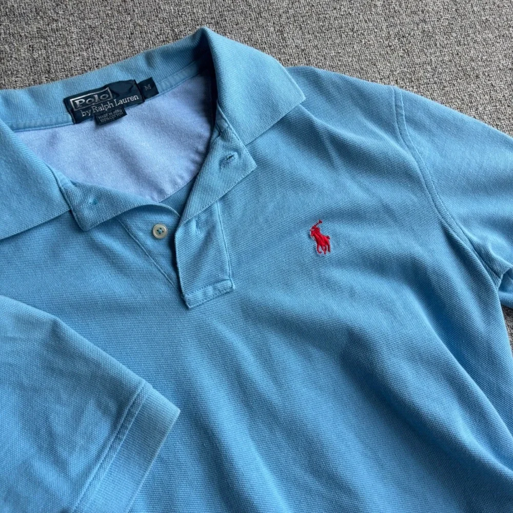 Polo Ralph Lauren Polo Shirt Mens M Short Sleeve Light Blue Red Pony Logo Cotton